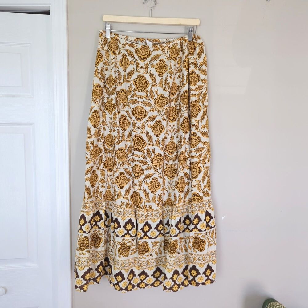 Nicole Miller Boho Floral Elastic Waist Maxi Skirt Fall Peasant Fairy Linen LG